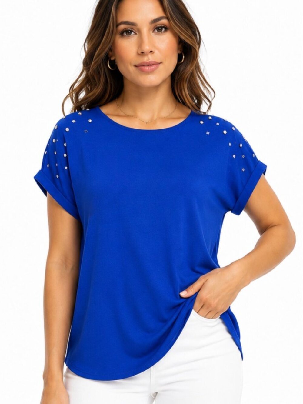 Electric Blue Studded Shoulder Blouse Top Size L NWT Rhinestone Short Sleeve